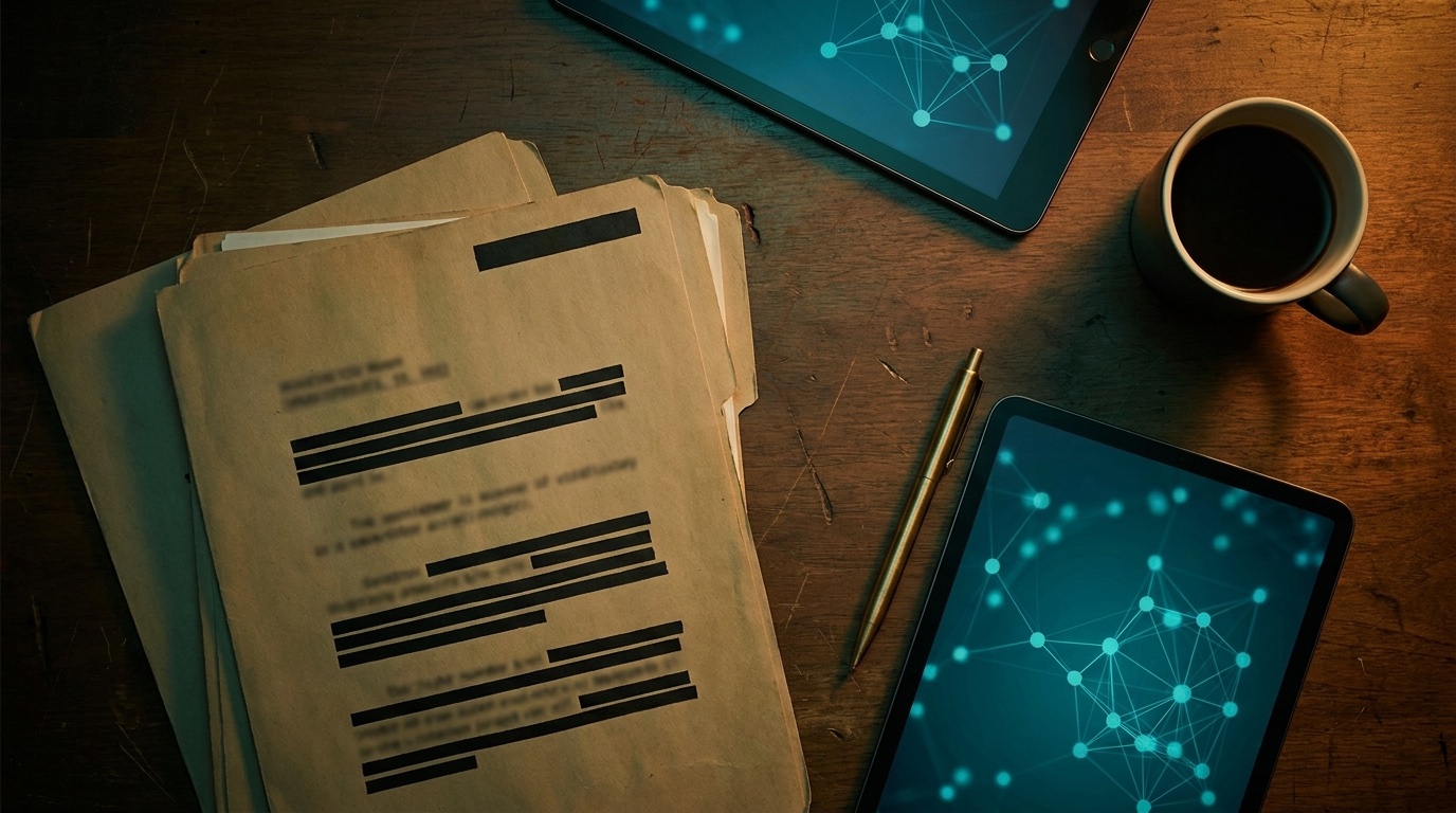 Briefing table with reports and a tablet showing a network graph