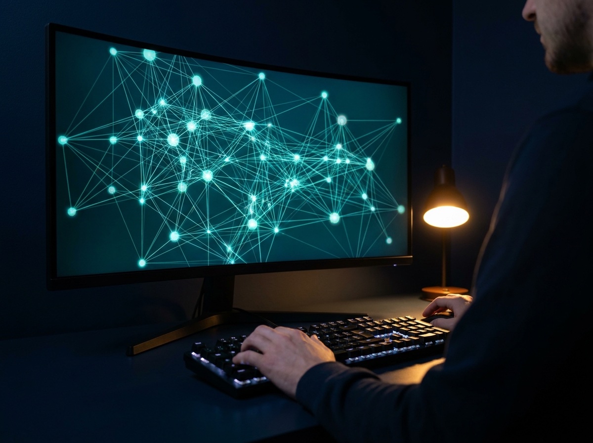 Analyst working a glowing link chart at a dark console